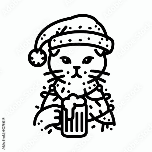  Scottish Fold Cat wear santa claus hat tangled wrap around with Christmas lights holding a beer mug in christmas party   