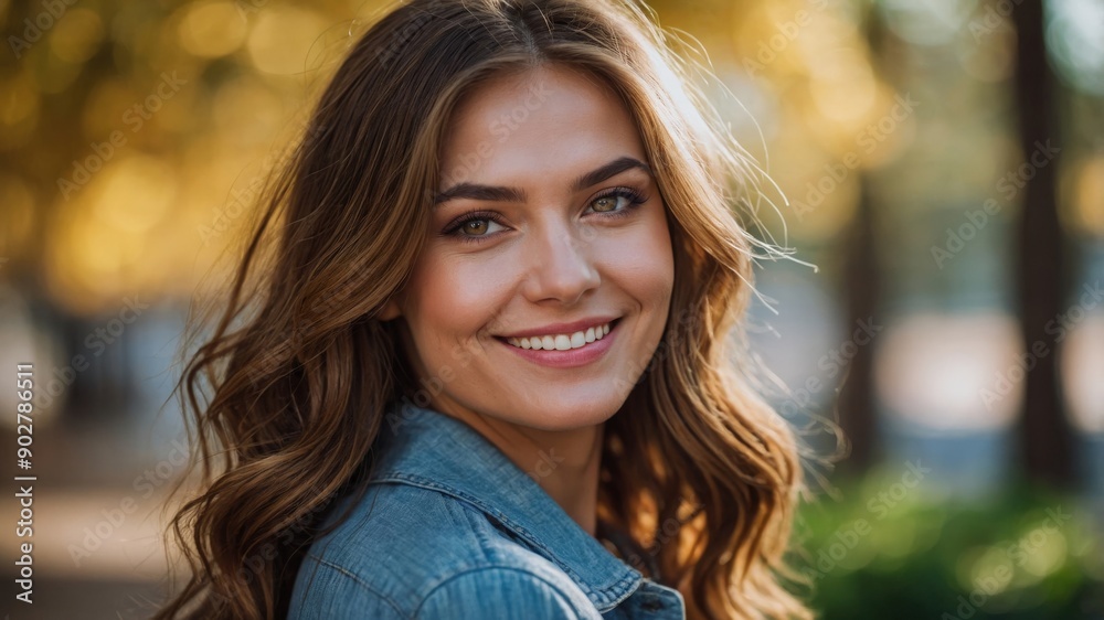 Smiling woman outdoors in autumn sunlight
Smiling woman outdoors in autumn sunlight