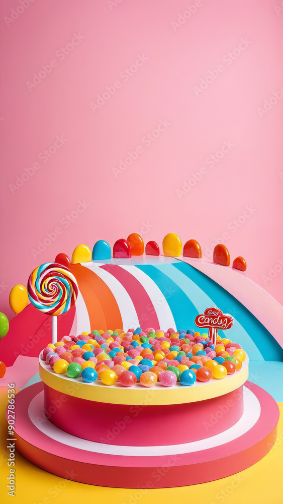 candy bonbon product display podium in a pile of candy bonbon, horizontal product stand out of candy, candy bonbon podium with presentation space, ad, podium platform, product presentation space candy bonbon product display podium in a pile of candy bonbon, horizontal product stand out of candy, candy bonbon podium with presentation space, ad, podium platform, product presentation space
