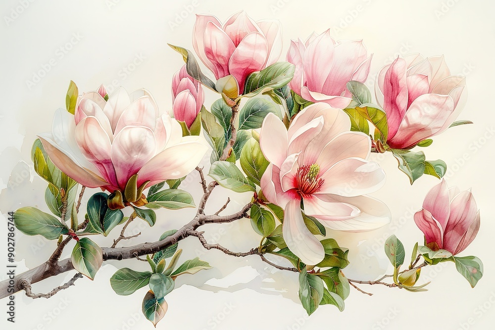 Obraz premium A painting of pink flowers on a branch