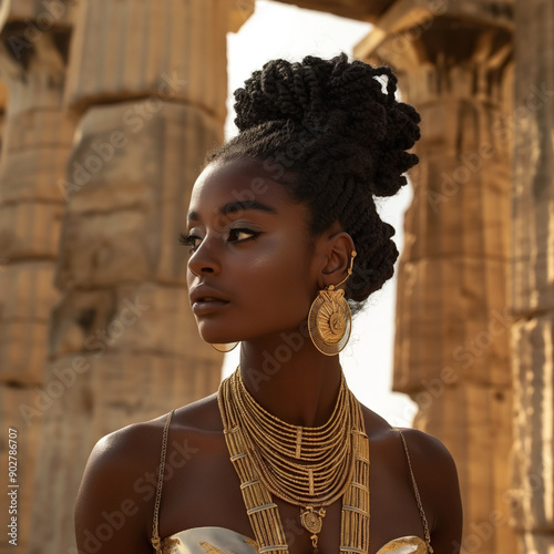 A beautiful black woman with an updo hairstyle, gold jewelry and a golden dress, standing in front of ancient Greek architecture. 