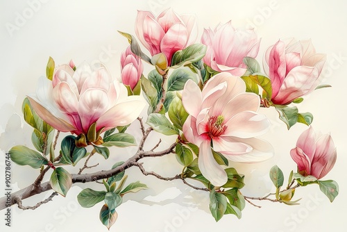 A painting of pink flowers on a branch