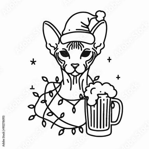  Sphynx Cat wear santa claus hat tangled wrap around with Christmas lights holding a beer mug in christmas party   