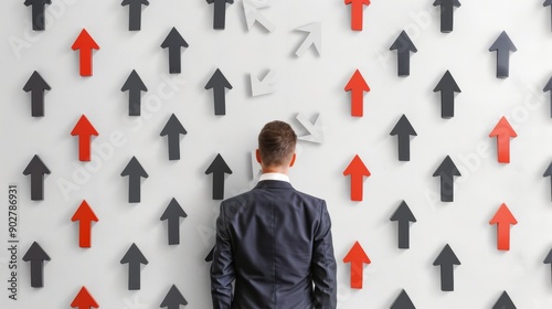 Inspirational young entrepreneur, standing tall before a wall filled with arrows indicating diverse business goals and success milestones