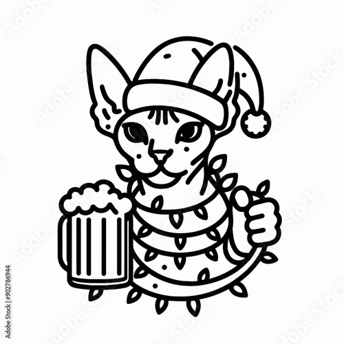  Sphynx Cat wear santa claus hat tangled wrap around with Christmas lights holding a beer mug in christmas party   