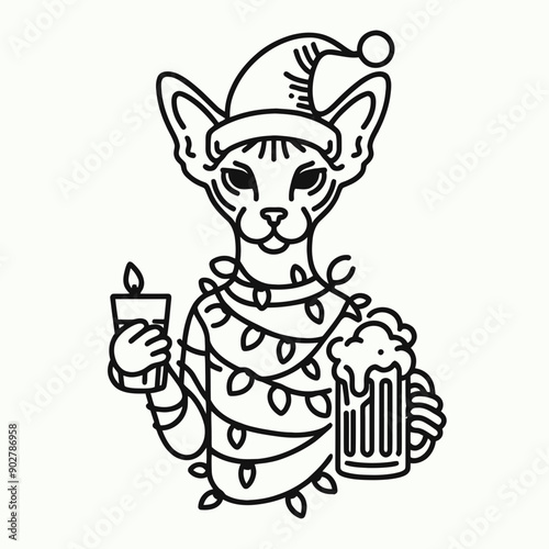  Sphynx Cat wear santa claus hat tangled wrap around with Christmas lights holding a beer mug in christmas party   