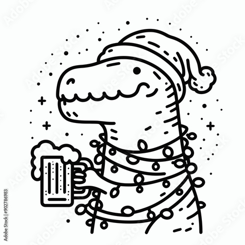  T rex wear santa claus hat tangled wrap around with Christmas lights holding a beer mug in christmas party   