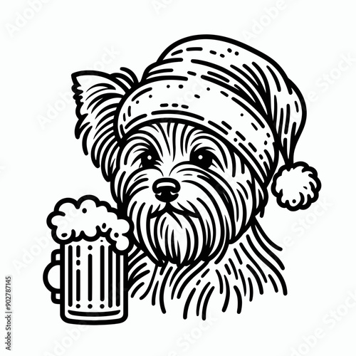  Yorkshire Terrier Dog wear santa claus hat tangled wrap around with Christmas lights holding a beer mug in christmas party   