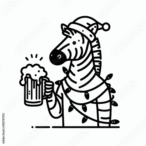  Zebra wear santa claus hat tangled wrap around with Christmas lights holding a beer mug in christmas party   