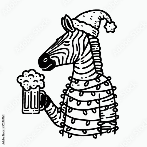  Zebra wear santa claus hat tangled wrap around with Christmas lights holding a beer mug in christmas party   