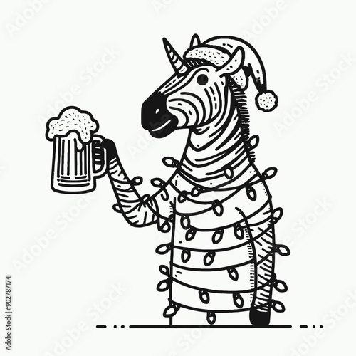  Zebra wear santa claus hat tangled wrap around with Christmas lights holding a beer mug in christmas party   