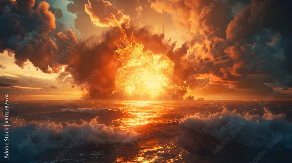 Cataclysmic Nuclear Blast in the Ocean. Destruction and Devastation concept Cataclysmic Nuclear Blast in the Ocean. Destruction and Devastation concept
