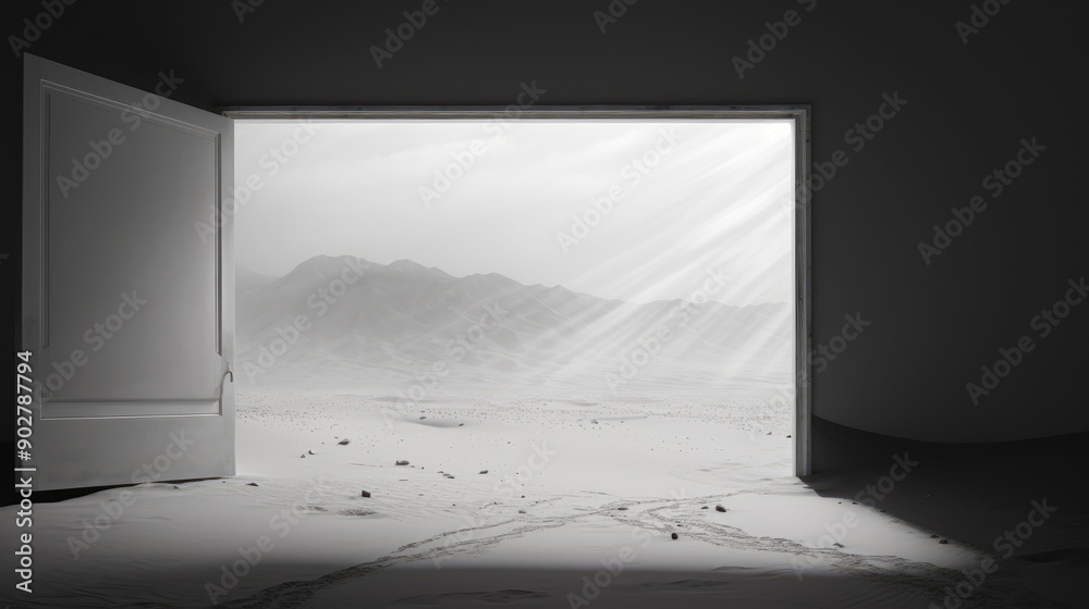 generated illustration of a door leading to a desert field and sunrise generated illustration of a door leading to a desert field and sunrise