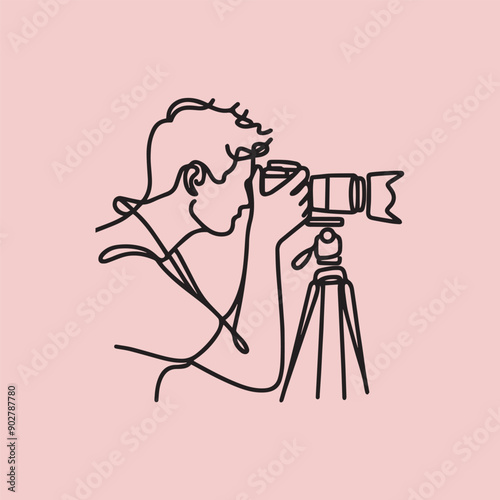 Black-and-white vector illustration of a photographer taking a photo with a camera on a tripod.