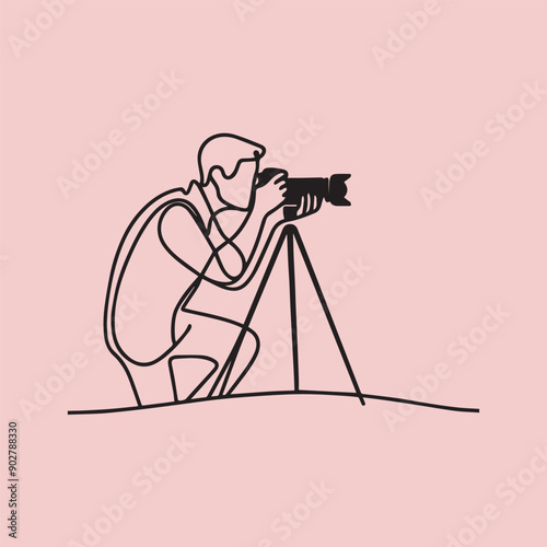 Black-and-white vector illustration of a photographer taking a photo with a camera on a tripod.