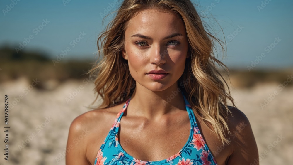 Confident Woman in Floral Swimsuit on Sandy Beach
Confident Woman in Floral Swimsuit on Sandy Beach