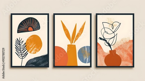 A set of three Abstract Wall art. Creative minimalist hand painted Abstract art background with watercolor stain and Hand Drawn doodle Scribble Circle. Design for wall decoration, postcard, poster