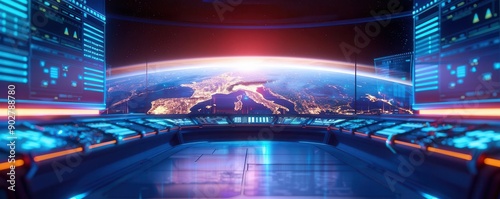 Futuristic control room with earth view, glowing screens and tech.