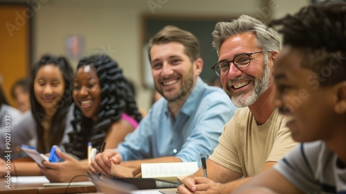 A Caucasian teacher and diverse group of adult students in a nighttime class