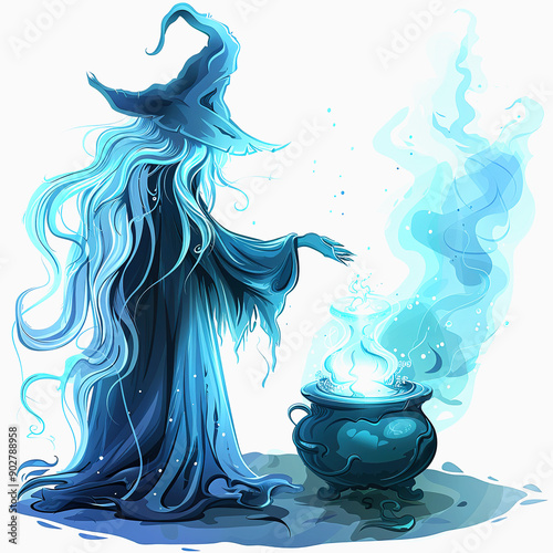 A Blue Witch Casting a Spell Over a Cauldron photo