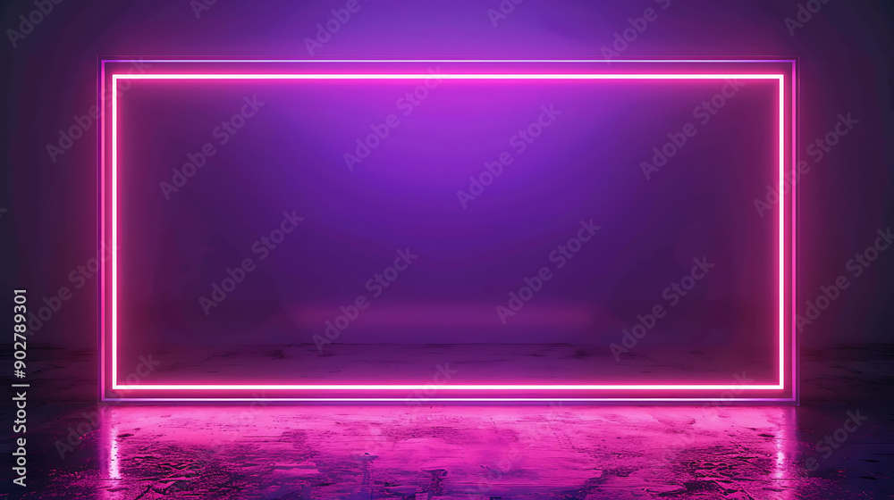 Glowing Pink Neon Square Frame on a Purple Background Glowing Pink Neon Square Frame on a Purple Background