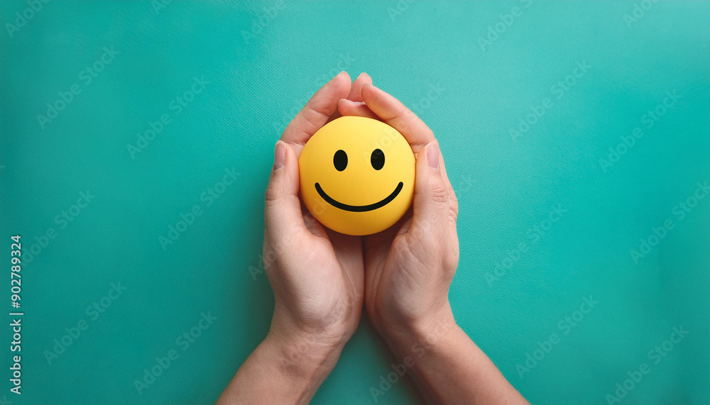 Woman hand holding happy smile sphere, Positive thinking, Mental health assessment , World mental health day concept