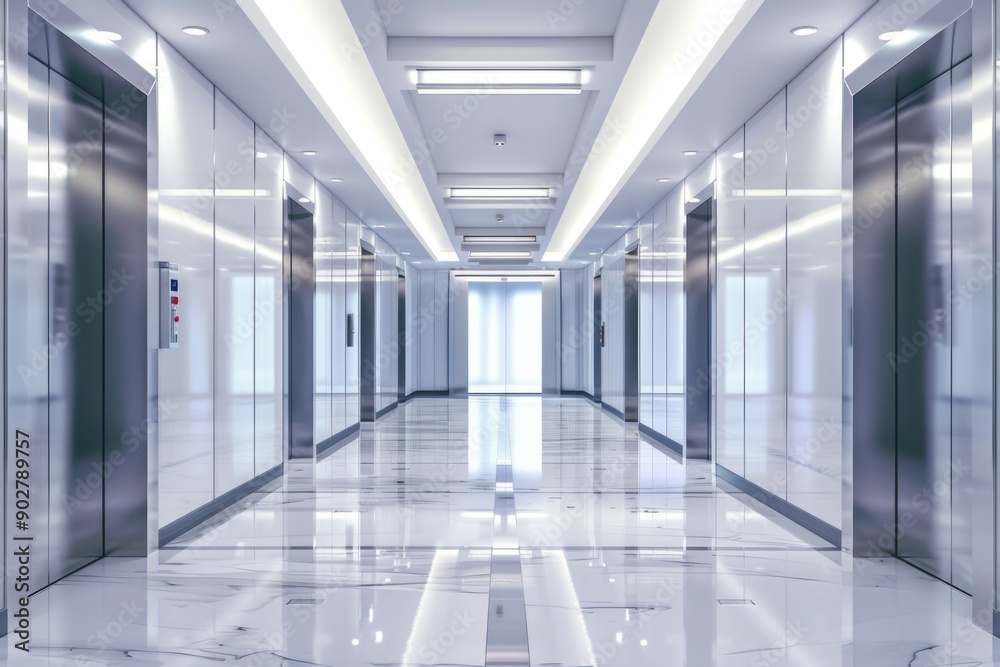 A modern building's interior featuring a long hallway with elevator doors A modern building's interior featuring a long hallway with elevator doors