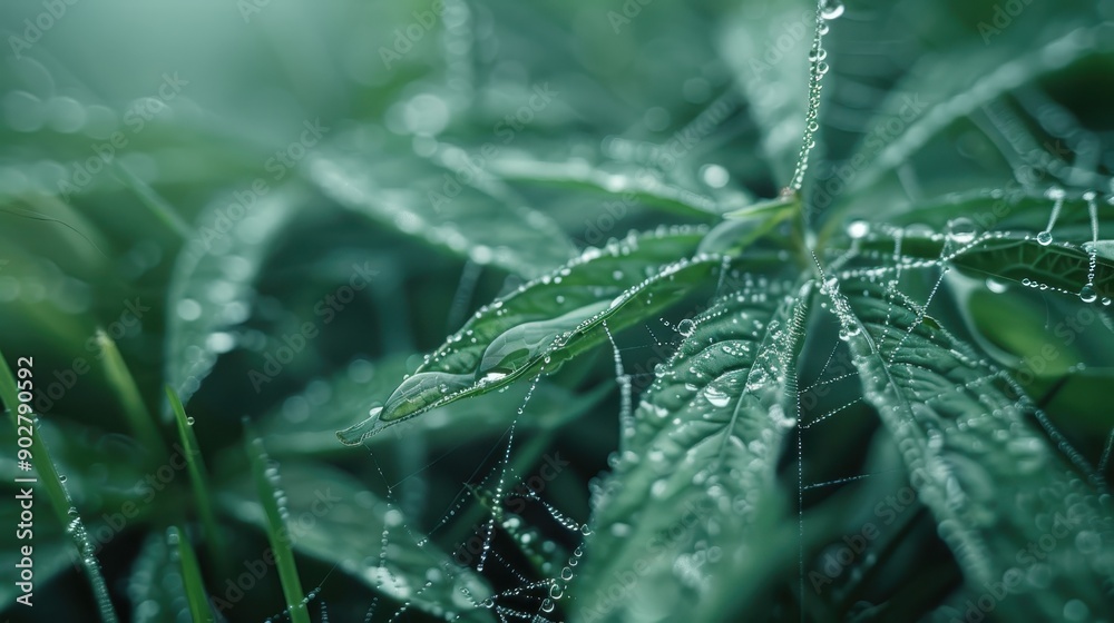 A detailed macro image of green leaves adorned with sparkling dew drops, highlighting the freshness, beauty, and tranquillity of nature through an intricate and crisp visual. A detailed macro image of green leaves adorned with sparkling dew drops, highlighting the freshness, beauty, and tranquillity of nature through an intricate and crisp visual.
