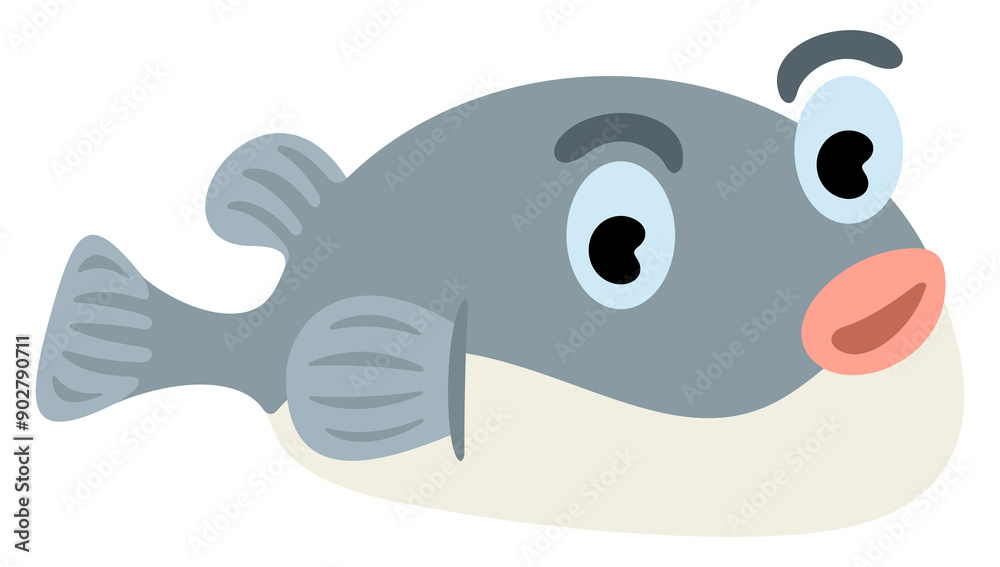 Fototapeta premium Cute fugu fish cartoon character. Animal, blowfish, puffer, underwater and nature, illustration