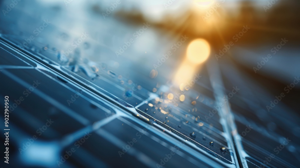 A detailed shot of raindrops settling on a solar panel's surface, beautifully reflecting sunlight and highlighting the panel's intricate technology and environmental significance. A detailed shot of raindrops settling on a solar panel's surface, beautifully reflecting sunlight and highlighting the panel's intricate technology and environmental significance.