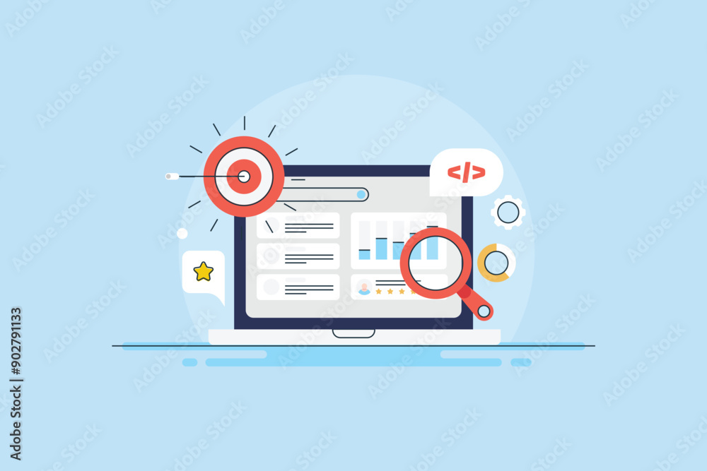 SEO Analysis Software dashboard display information, target audience, web traffic source and keyword data on laptop screen, vector illustration. SEO Analysis Software dashboard display information, target audience, web traffic source and keyword data on laptop screen, vector illustration.
