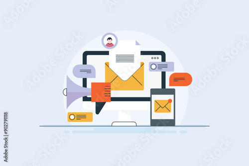 Newsletter promotion digital marketing email message to customers, reaching audience with communication technology business concept, vector illustration.