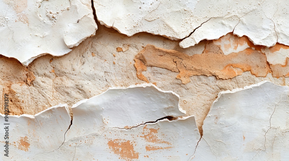 Fototapeta premium Close-up of a wall showing severe plaster damage, water stains, and dark spots from seepage, capturing the texture and decay intricately