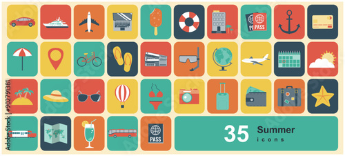 Summer holiday flat icons. Travel icons for business. Vector illustration