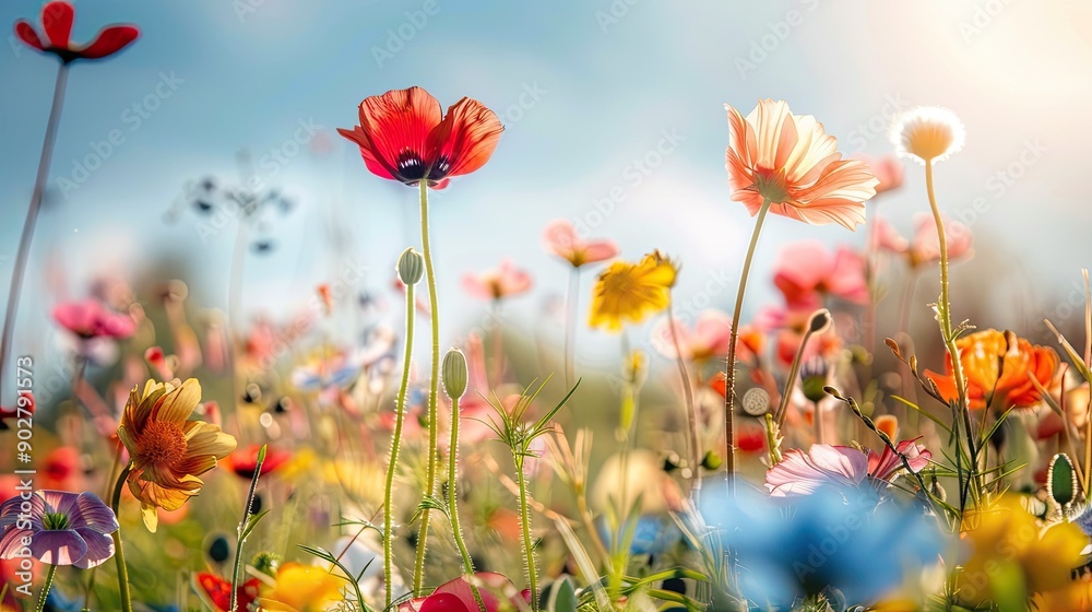Beautiful flower-filled meadow in spring, with a vibrant mix of colors and delicate petals under a clear, sunny sky. Beautiful flower-filled meadow in spring, with a vibrant mix of colors and delicate petals under a clear, sunny sky.