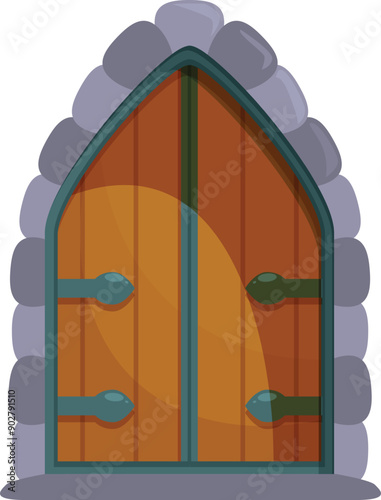 Sturdy wooden door with metal accents is set into a stone archway