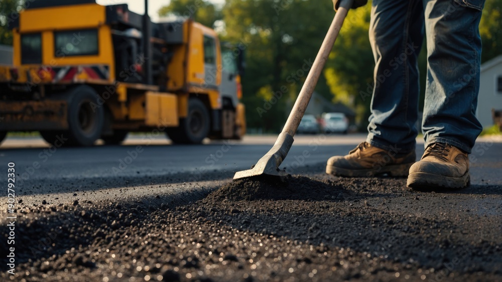 A road construction worker levels fresh asphalt with a shovel on a sunny day, emphasizing the process of paving and infrastructure development.
A road construction worker levels fresh asphalt with a shovel on a sunny day, emphasizing the process of paving and infrastructure development.