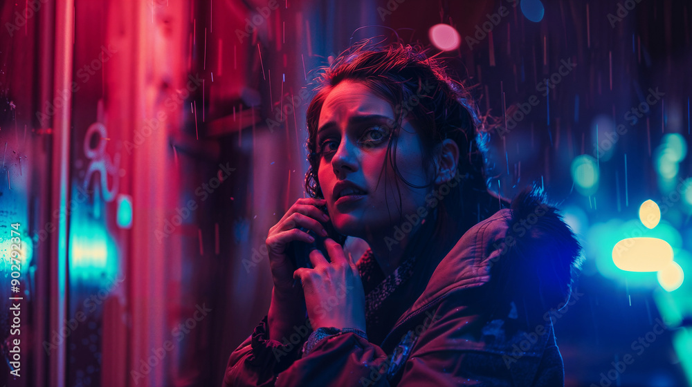 Worried young woman in rain soaked urban nightscape calling 911 police with a cell phone, illuminated by neon lights. Vibrant red and blue hues on the scary girl, capturing a cinematic atmosphere. Worried young woman in rain soaked urban nightscape calling 911 police with a cell phone, illuminated by neon lights. Vibrant red and blue hues on the scary girl, capturing a cinematic atmosphere.