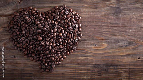 Coffee beans arranged in the shape of a heart on a rustic wooden background, symbolizing love and passion for coffee and its enriching experience.