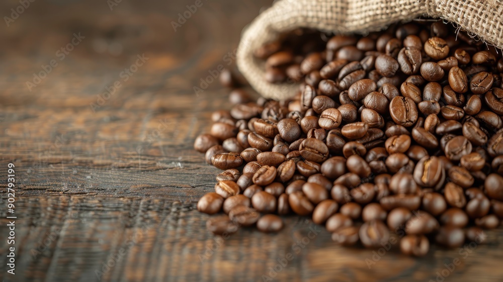 A charming burlap sack tipped over, spilling freshly roasted coffee beans across a rustic wooden surface, highlighting the rich flavors and inviting aroma. A charming burlap sack tipped over, spilling freshly roasted coffee beans across a rustic wooden surface, highlighting the rich flavors and inviting aroma.
