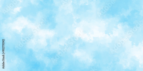 blue sky with clouds. Light sky blue shades watercolor background. Sky Nature Landscape Background. sky background with white fluffy clouds.><	