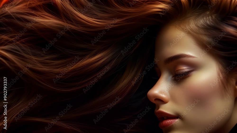 Portrait of a beautiful young woman with flowing lush brown hair, slow motion