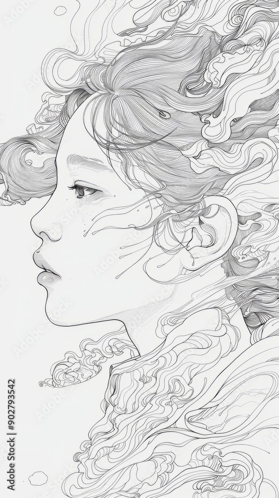 Portrait of a young Asian woman in profile, the drawing is made with thin black lines. Portrait of a young Asian woman in profile, the drawing is made with thin black lines.
