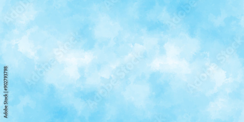blue sky with clouds. Light sky blue shades watercolor background. Sky Nature Landscape Background. sky background with white fluffy clouds.><	
