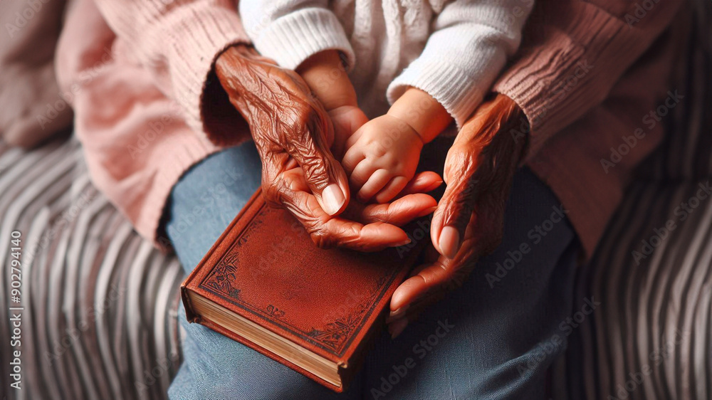 Fototapeta premium Elderly woman's hand holding baby's hand while they hold book together, close up