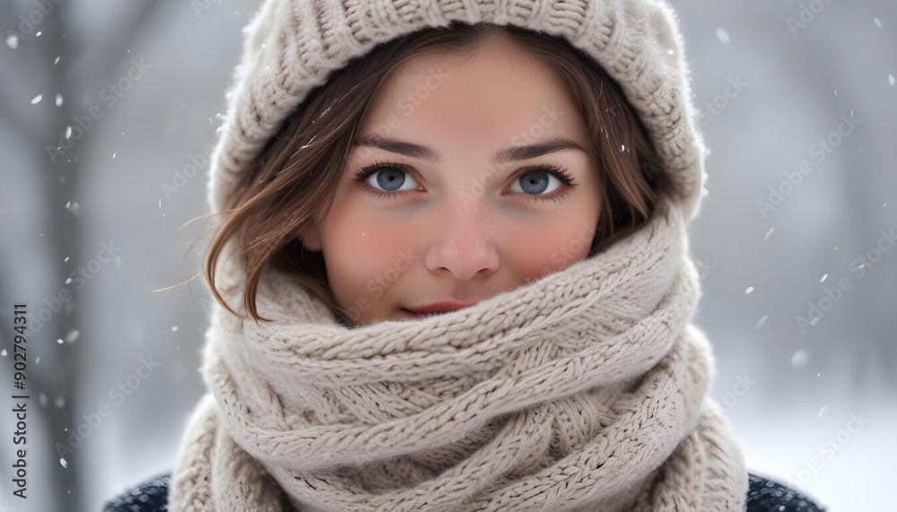 a woman's face obscured by a white knitted scarf, set against a snowy backdrop a woman's face obscured by a white knitted scarf, set against a snowy backdrop