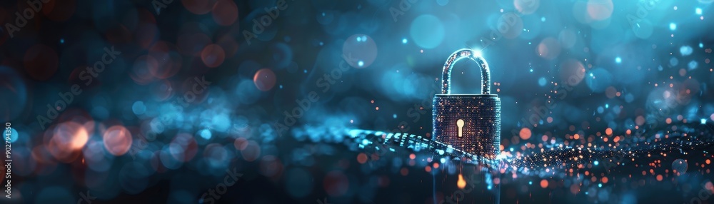 A blue lock with a keyhole is shown in a blue background. The lock is surrounded by a web of lines, giving it a futuristic appearance. Concept of security and protection A blue lock with a keyhole is shown in a blue background. The lock is surrounded by a web of lines, giving it a futuristic appearance. Concept of security and protection