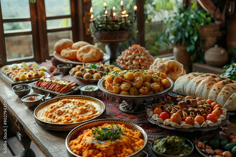 Feast of Traditional Dishes Displayed on a Large Wooden Table Indoors Feast of Traditional Dishes Displayed on a Large Wooden Table Indoors