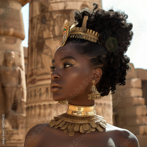 A beautiful black woman queen with an updo hairstyle, gold jewelry and a golden dress, standing in front of ancient architecture. 