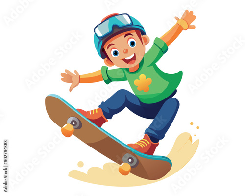 Young boy wearing helmet performing skateboard trick